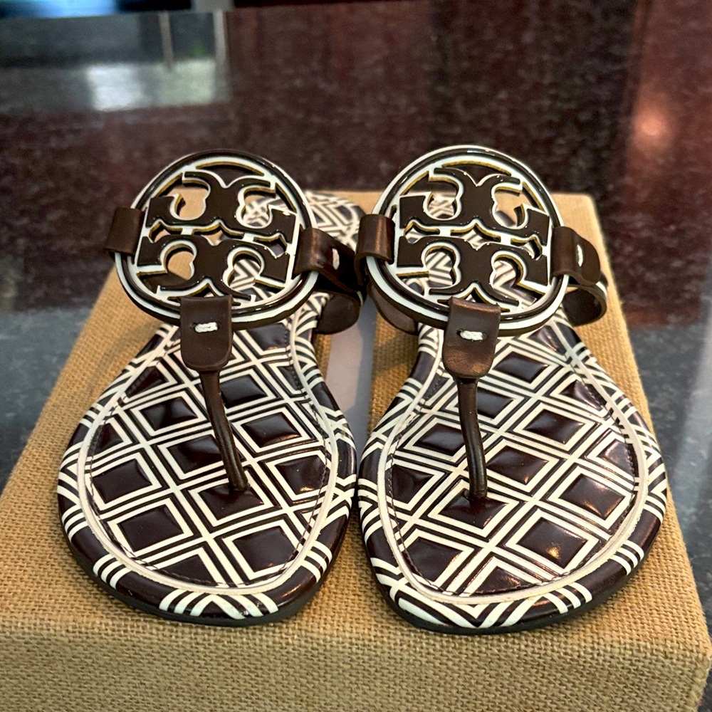 Tory Burch Brown Leather Logo T-Strap Sandals